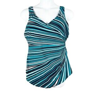 Swimsuits For All One Piece Size 24 Blue Green Striped Ruched Sarong Front